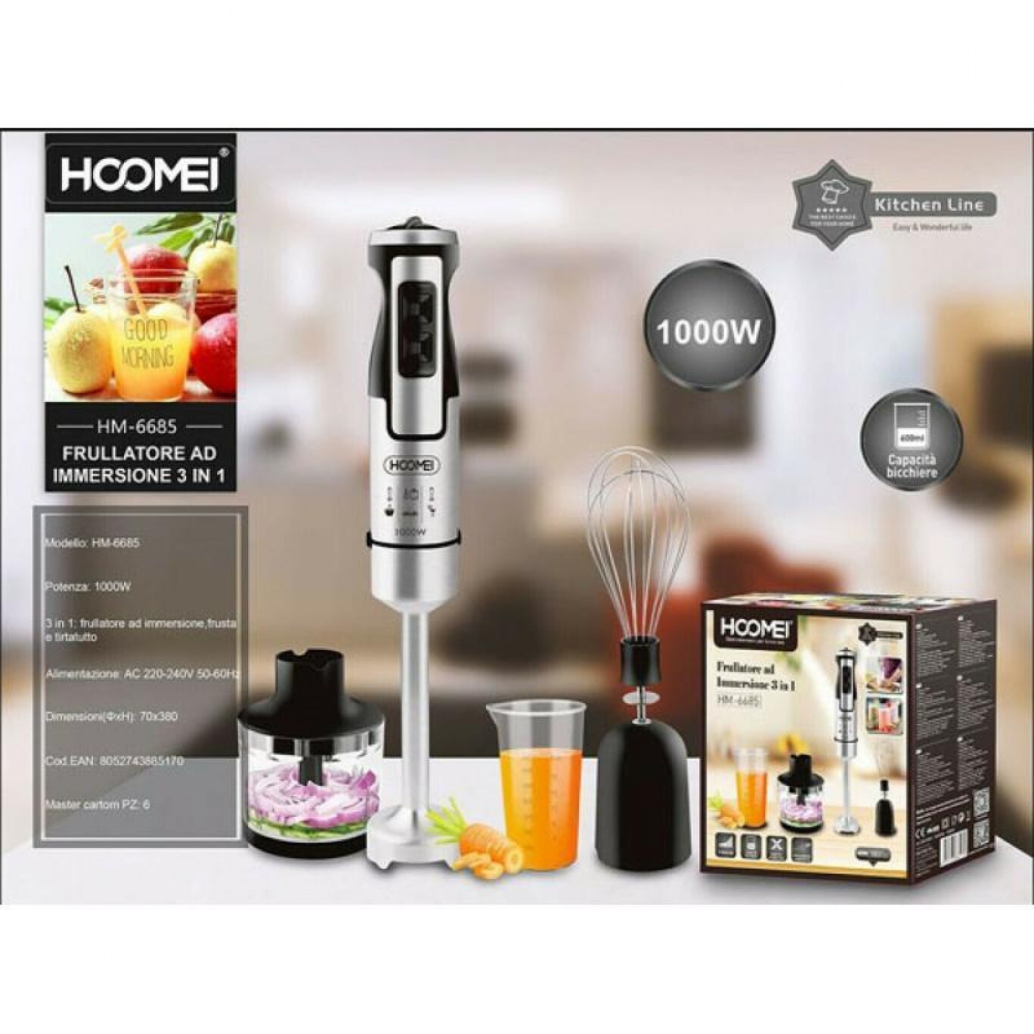 HM-6685 Ραβδομπλέντερ με Ανοξείδωτη Ράβδο 1000W Ασημί