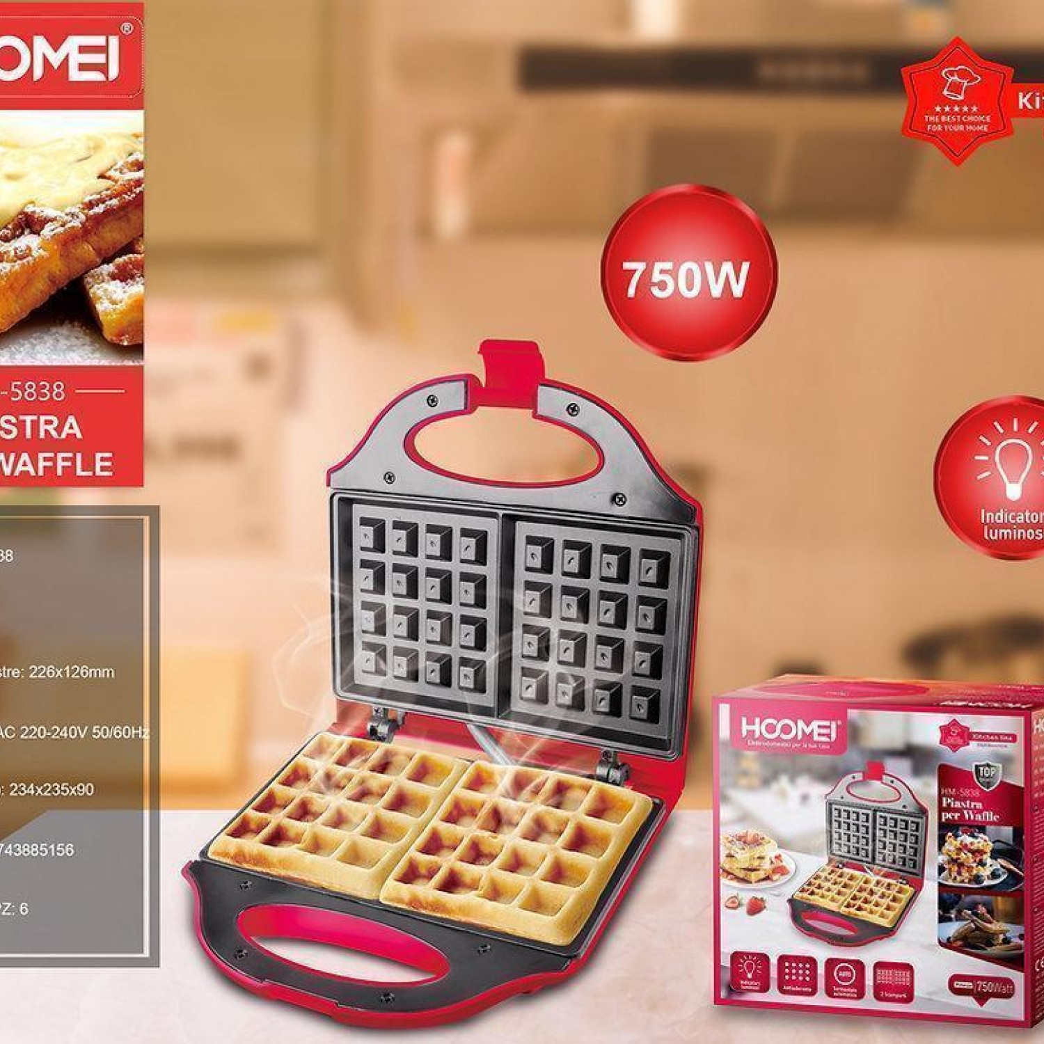 Βαφλιέρα 2 Θέσεων σε Ορθογώνιο Σχήμα Hoomei 750W Κόκκινο