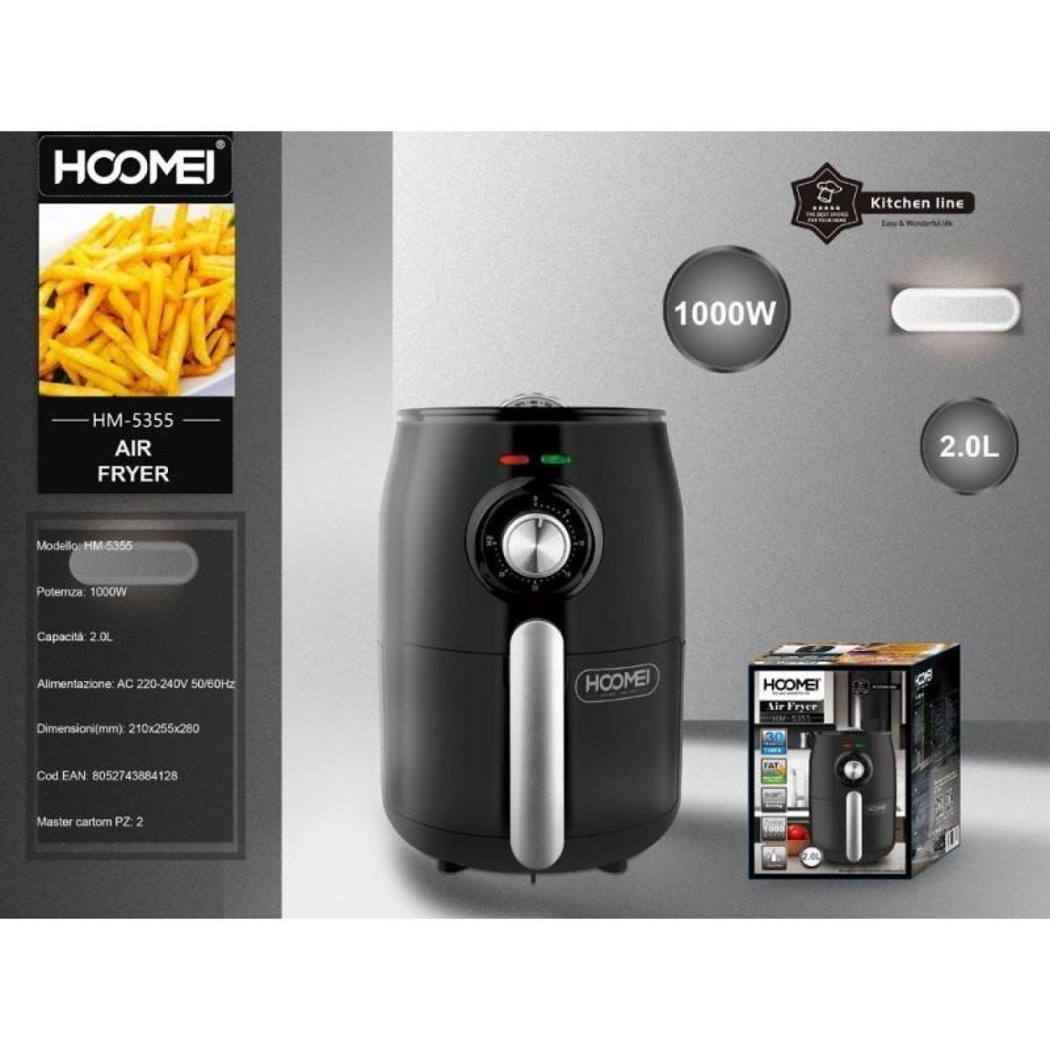 Φριτέζα Αέρος με Αποσπώμενο Κάδο 2lt 1000W Hoomei HM-5355 Μαύρη